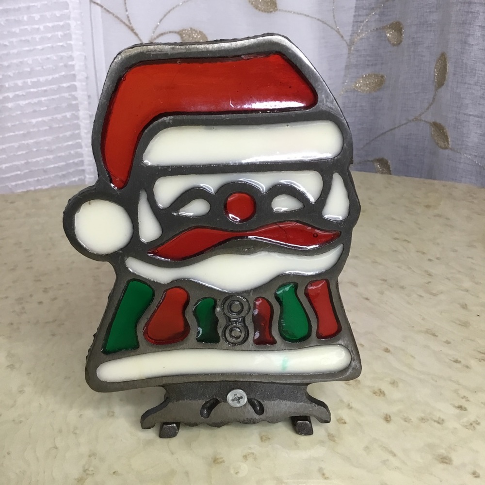 Vintage Cast Iron Stained Glass Santa Claus Candle holder